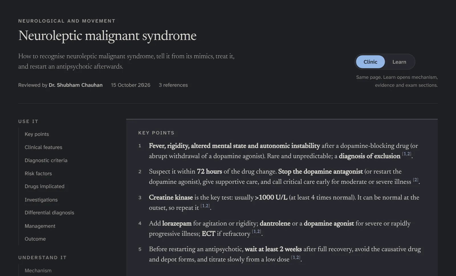The neuroleptic malignant syndrome page: title, reviewer, reference count and numbered key points.