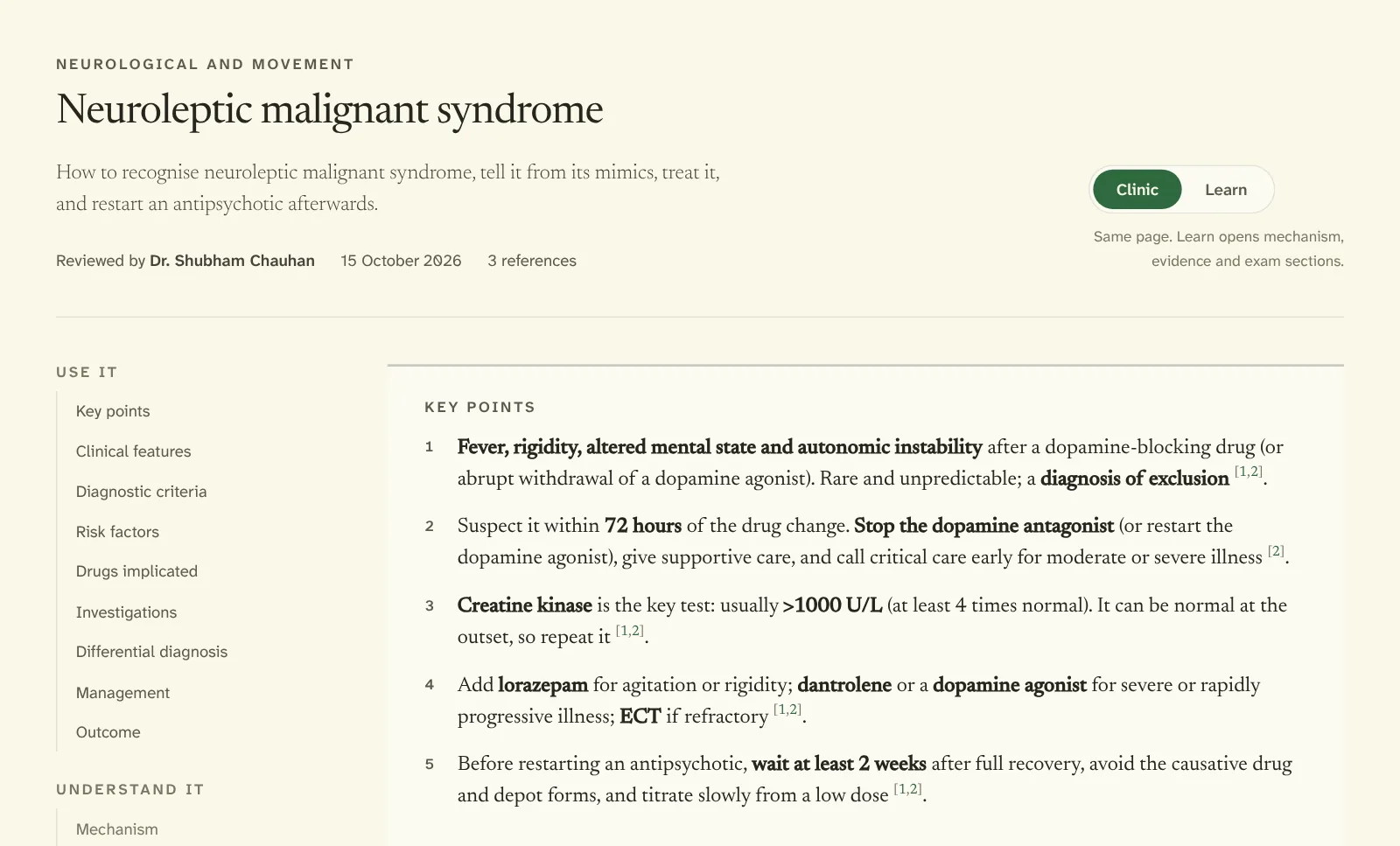The neuroleptic malignant syndrome page: title, reviewer, reference count and numbered key points.